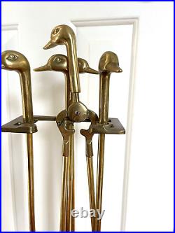 Vintage 1970s Brass Duck Head Mallard Fireplace Tool Set 5 Piece 4 Tool w Stand