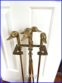 Vintage 1970s Brass Duck Head Mallard Fireplace Tool Set 5 Piece 4 Tool w Stand