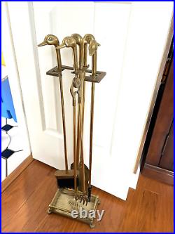 Vintage 1970s Brass Duck Head Mallard Fireplace Tool Set 5 Piece 4 Tool w Stand