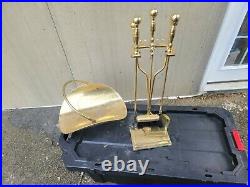 Vintage 1970s Brass Fireplace 4 pc Tool Set with Stand and Firewood Holder