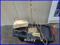 Vintage 1970s Brass Fireplace 4 pc Tool Set with Stand and Firewood Holder