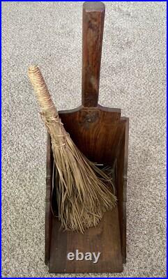 Vintage 2-Piece Spanish Folk Art Fireplace Tool Set Wooden Dust Pan with Broom