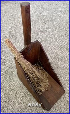 Vintage 2-Piece Spanish Folk Art Fireplace Tool Set Wooden Dust Pan with Broom