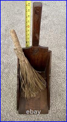 Vintage 2-Piece Spanish Folk Art Fireplace Tool Set Wooden Dust Pan with Broom