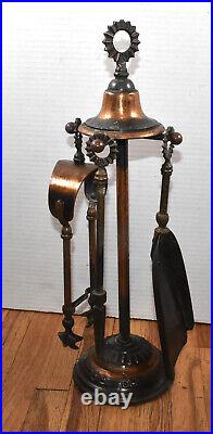 Vintage 3 Piece Fireplace Tools Set Stand Shovel Poker Japanned Copper Flash