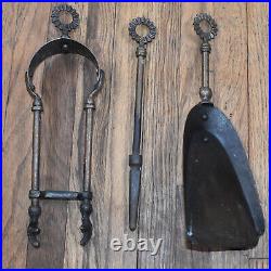 Vintage 3 Piece Fireplace Tools Set Stand Shovel Poker Japanned Copper Flash