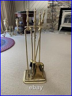 Vintage 4 Piece Brass Fireplace Tool Set with stand. HEAVY