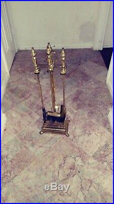 Vintage 4 Piece Fireplace Tool Set Solid Brass FREE Shipping