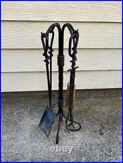 Vintage 4 Wrought Iron Fireplace Tools twisted metal design