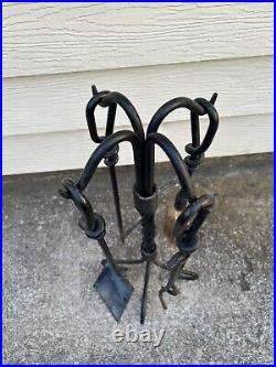 Vintage 4 Wrought Iron Fireplace Tools twisted metal design