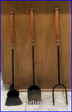 Vintage 4 pc Cast Iron Fireplace Tools Wood Handle Poker Shovel Broom withStand
