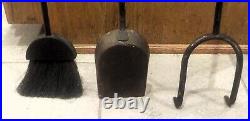 Vintage 4 pc Cast Iron Fireplace Tools Wood Handle Poker Shovel Broom withStand