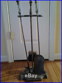 Vintage 4-piece Brass Fireplace Tool Set with Poker, Brush, Shovel and Stand