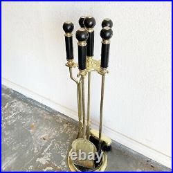 Vintage 5 Pc Fireplace Brass Gold Tool Set Black Marble Handles Tools Stand 33