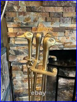 Vintage 5 Piece BRASS DUCK FIREPLACE POKER SETMallard Fire ToolBrushShovel