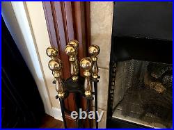Vintage 5 Piece Fireplace Tools Set Heavy Metal Brass Gold Tone Black Chimney