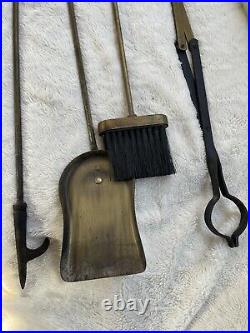 Vintage 5-Piece Heavy Solid Brass Fireplace Tool Set with Shovel, Poker, Tongs