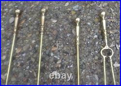Vintage 5pc Brass Fireplace Tools BALL HANDLE Poker Shovel Broom Tongs Stand