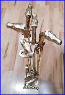 Vintage 5pcs HORSE HEAD FirePlace- Fire Tool Set- BRASS-Art Deco-withStand