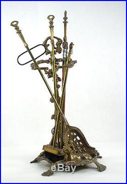 Vintage 6 Piece Ornate Brass Hunting Dog Theme Fireplace Tool Set 00301010