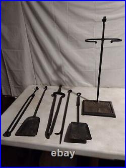 Vintage 6 piece set of black wrought iron fireplace tools