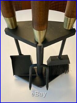 Vintage 60s Midcentury Modern Fireplace Tools Set Iron, Brass & Wood by Seymour