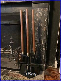 Vintage 60s Midcentury Modern Fireplace Tools Set Iron, Brass & Wood by Seymour
