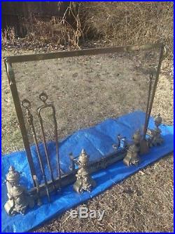 Vintage 7 Pc Cast Brass Fender Surround Screen Fireplace Set With Tools