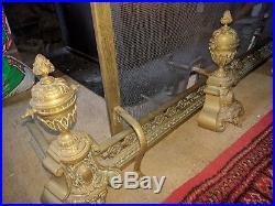 Vintage 7 Pc Cast Brass Fender Surround Screen Fireplace Set With Tools