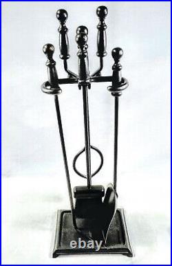 Vintage 70s 4-Piece Wrought Iron Fireplace Tool Set Stand Black Twisted