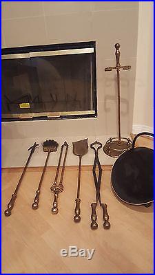 Vintage 7pc Brass Fireplace Poker Clamp Brush & Tool Set with Firewood Carrier
