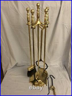 Vintage ADAMS Solid Brass 5 pcs Fireplace Tool Set With Damper Pull 100520 EC