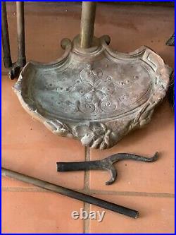 Vintage Antique BRASS FIREPLACE Tool Set, Bed Warming Pan, Broom, Tongs, Shovel+
