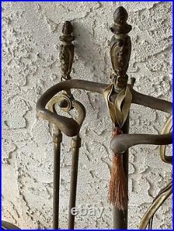 Vintage Antique BRASS FIREPLACE Tool Set, Bed Warming Pan, Broom, Tongs, Shovel+