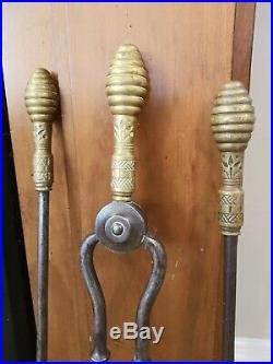 Vintage Antique Bee Hive Bronze or Brass and Iron Fireplace Tool Set of 3