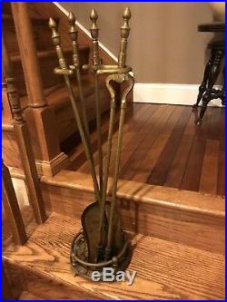 Vintage Antique Brass Fireplace Tool Set Poker, Tongs, Shovel, & Stand