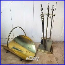 Vintage Antique Brass Tone Fireplace 5 Piece Tool Accessory Kit Broom Shovel