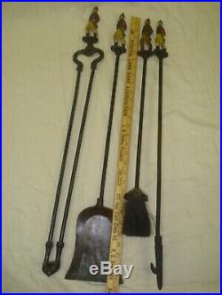 Vintage Antique British Painted Hunter Fireplace 5 Pc Iron Fire Tool Set / Stand
