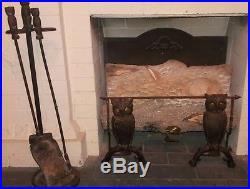 Vintage Antique Glass Eyed Owl Andirons & Owl Fireplace Tool Set Stand Shovel