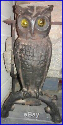 Vintage Antique Glass Eyed Owl Andirons & Owl Fireplace Tool Set Stand Shovel