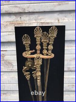 Vintage Antique ORNATE Cast Brass 5 pcs Fireplace Hearth Tool Set