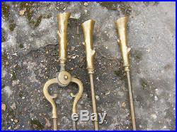 Vintage Antique Solid Brass Fireplace Fireside Companion Set Tools & Dogs Stands