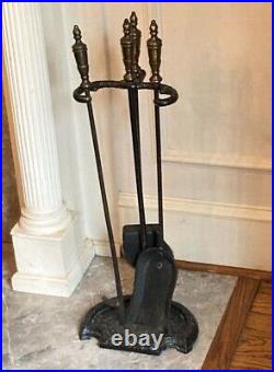 Vintage Antique Sturdy Cast Iron Hammered Arts and Crafts Era Fireplace Tool Set