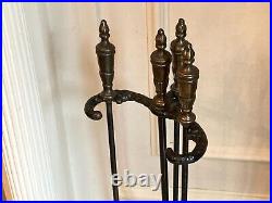 Vintage Antique Sturdy Cast Iron Hammered Arts and Crafts Era Fireplace Tool Set