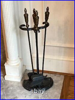 Vintage Antique Sturdy Cast Iron Hammered Arts and Crafts Era Fireplace Tool Set