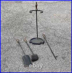 Vintage Antique Sturdy Cast Iron Hammered Arts and Crafts Era Fireplace Tool Set