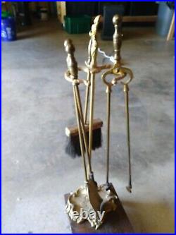 Vintage Antique Style Solid Brass Fireplace 5 Piece Tools & Stand Set
