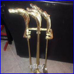 Vintage Art Deco Brass Set of 4 Stand FIREPLACE FIRE TOOLS Horse Heads