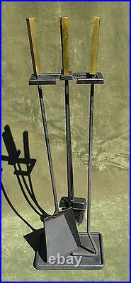 Vintage Art Deco Modern Brass Iron Fireplace Tool Set 3pc Stand