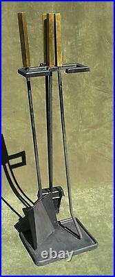 Vintage Art Deco Modern Brass Iron Fireplace Tool Set 3pc Stand